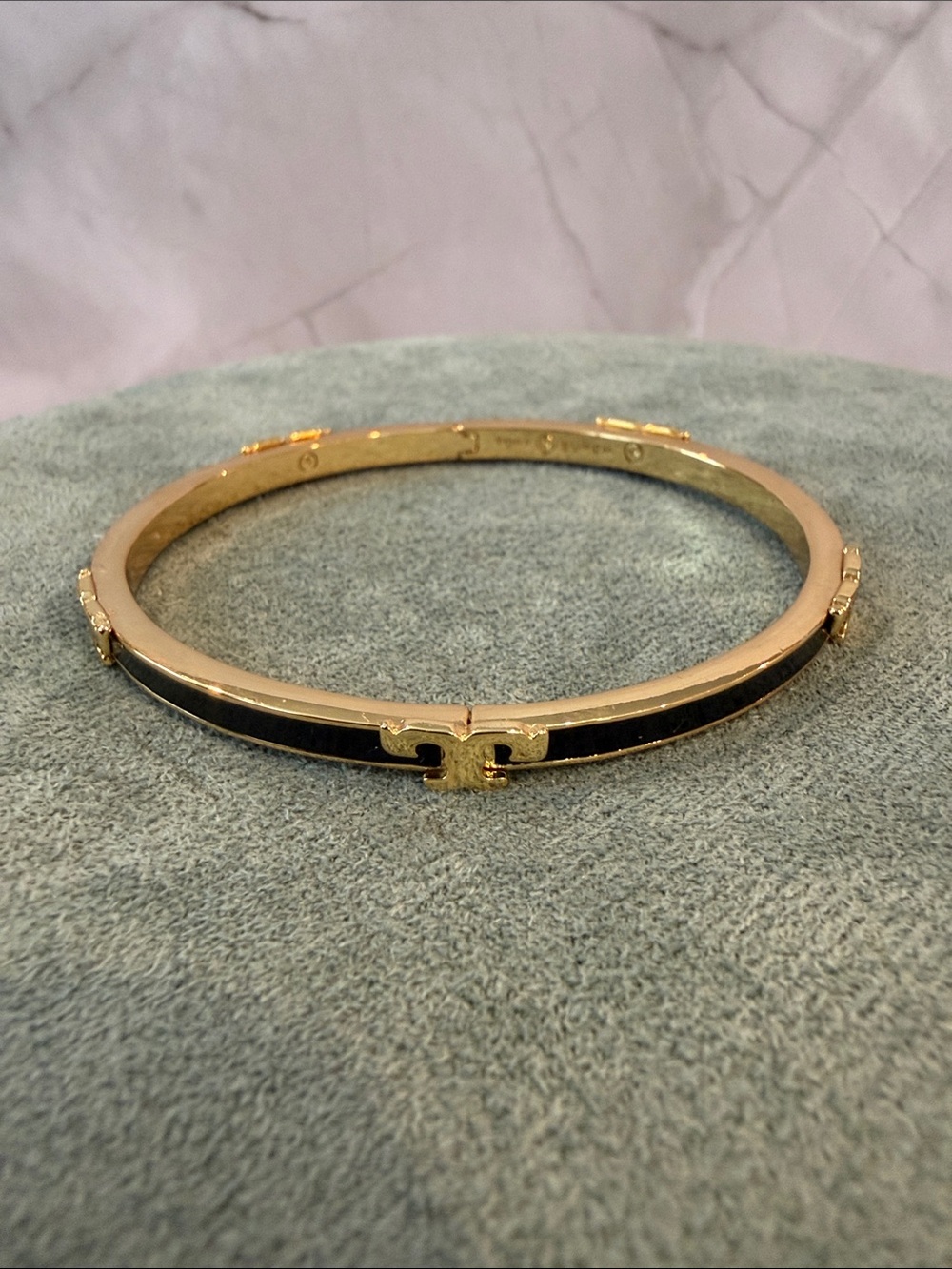 Tory Burch | Gold Plated & Black Enamel Hinged Bangle Bracelet